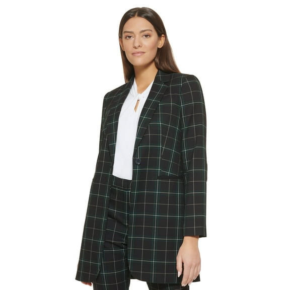 Women's Windowpane-Print One-Button Longline Blazer Midnight Multi 8