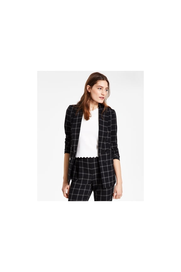 Women's Windowpane Print Open Front Jacket Blackwhite XXS