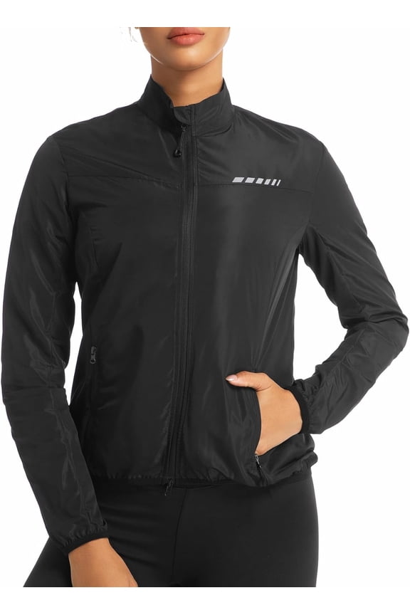 Women's Windproof Cycling Jacket Running Hiking Bike Windbreaker with Reflective Element and 2 Zipper Pockets for Running, Cycling & Hiking