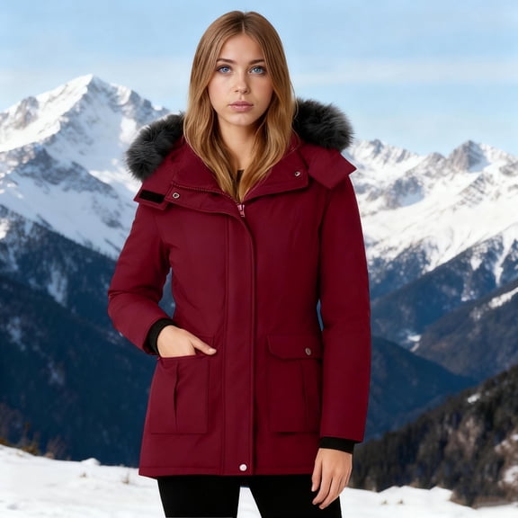 Women's Windproof Long down Jacket, Warm Winter Hooded Puffer Coat Thickened Outerwear for Hiking Outdoor New Fall Jackets for Women Plus Size Red XXL
