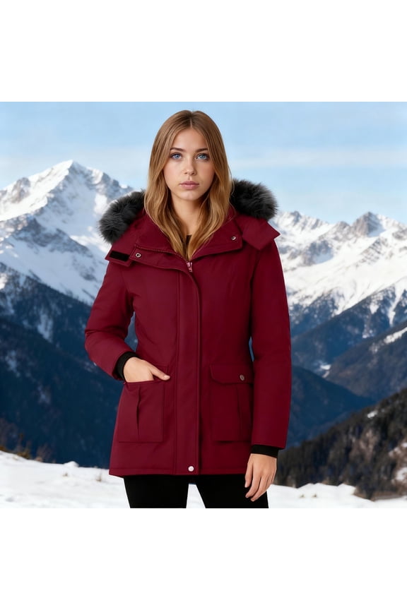 Women's Windproof Long down Jacket, Warm Winter Hooded Puffer Coat Thickened Outerwear for Hiking Outdoor New Fall Jackets for Women Plus Size Red XXL