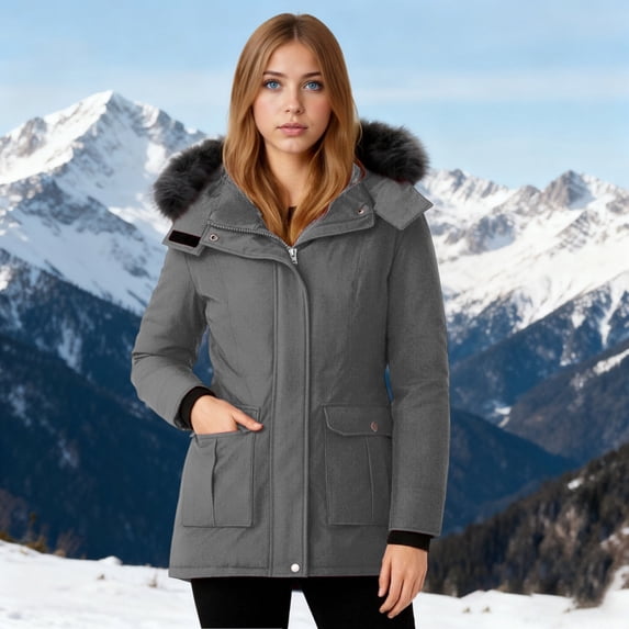 Women's Windproof Long down Jacket, Warm Winter Hooded Puffer Coat Thickened Outerwear for Hiking Outdoor New Jacket for Women Gray S