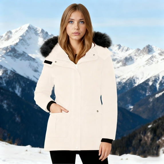 Women's Windproof Long down Jacket, Warm Winter Hooded Puffer Coat Thickened Outerwear for Hiking Outdoor New Womens Jackets Casual Plus Size Beige L