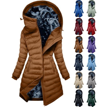 Emibierwe Women's Windproof Puffer Coat Colorblock Fashion Fleece Lined Long Quilted Asymmetric Zipper Hooded Slim Fit Windproof Warm Winter Parka Jacket with Multi Zipper Pockets