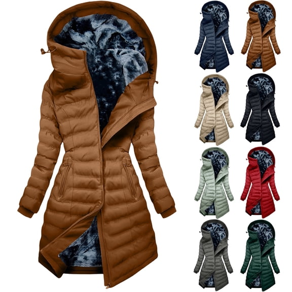 Women's Windproof Puffer Coat Colorblock Fashion Fleece Lined Long Quilted Asymmetric Zipper Hooded Slim Fit Windproof Warm Winter Parka Jacket with Multi Zipper Pockets