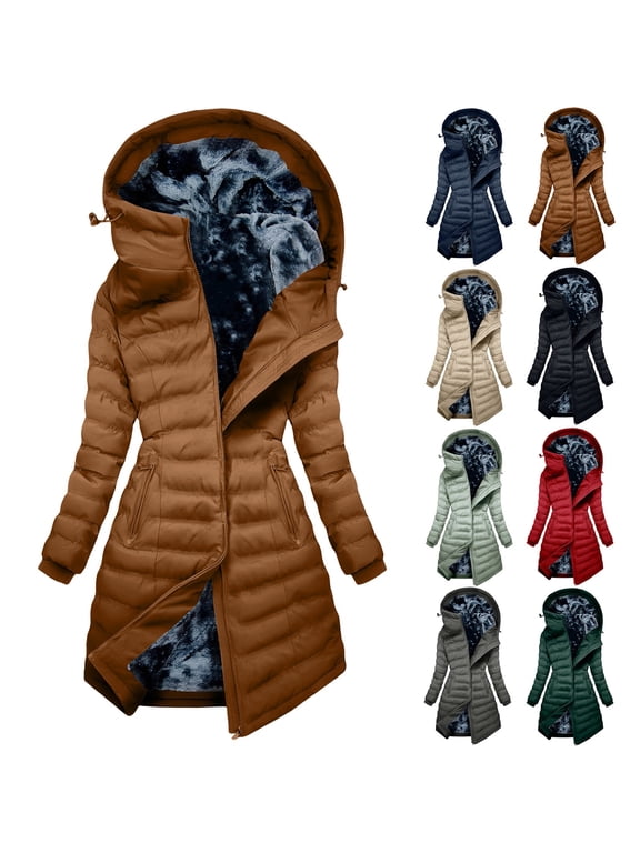 Women's Windproof Puffer Coat Colorblock Fashion Fleece Lined Long Quilted Asymmetric Zipper Hooded Slim Fit Windproof Warm Winter Parka Jacket with Multi Zipper Pockets