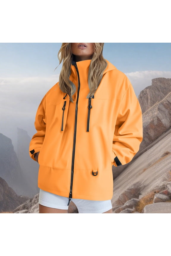 Women's Windproof Raincoat, Breathable Hooded Packable Shell Jacket for Outdoor Adventures, Daily Commute, and All-Weather Travel Essential-Orange