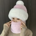 thumbnail image 1 of Women's Windproof Scarf Hat, Winter Warm Balaclava Style Hat with Plush Brim and Pom Pom, Fleece Lined Thermal Hood for Skiing, Snowboarding, Outdoor Activities and Cold Weather-Pink, 1 of 4