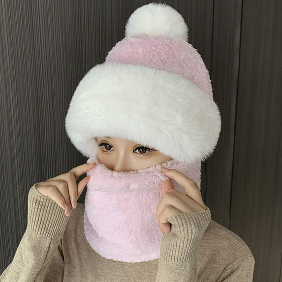 Women's Windproof Scarf Hat, Winter Warm Balaclava Style Hat with Plush Brim and Pom Pom, Fleece Lined Thermal Hood for Skiing, Snowboarding, Outdoor Activities and Cold Weather-Pink