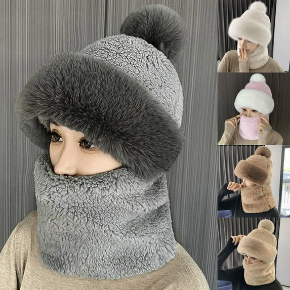 Women's Windproof Scarf Hat, Winter Warm Balaclava Style Hat with Plush Brim and Pom Pom, Fleece Lined Thermal Hood for Skiing, Snowboarding, Outdoor Activities and Cold Weather-Beige