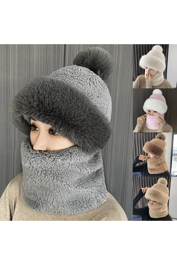 Women's Windproof Scarf Hat, Winter Warm Balaclava Style Hat with Plush Brim and Pom Pom, Fleece Lined Thermal Hood for Skiing, Snowboarding, Outdoor Activities and Cold Weather-Beige