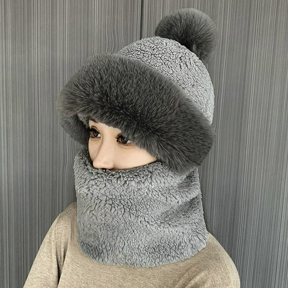 Women's Windproof Scarf Hat, Winter Warm Balaclava Style Hat with Plush Brim and Pom Pom, Fleece Lined Thermal Hood for Skiing, Snowboarding, Outdoor Activities and Cold Weather-Gray