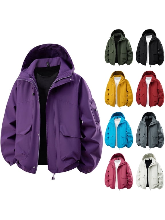 Women's Windproof Softshell Jacket – Lightweight Coat with Removable Hood & Zipper Pockets Solid Color Long Sleeve Loose Fit Outdoor Top for Hiking Travel & Winter Daily Wear Size l