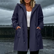 Women's Windproof Waterproof Rain Jacket Lightweight Zip Up Windbreaker Softshell Jacket Womens Solid Loose Elastic Waist Comfy Raincoats Outdoor Hiking Camping Travel Coat