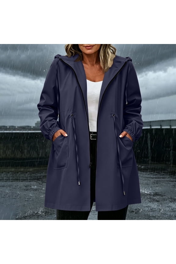 Women's Windproof Waterproof Rain Jacket Lightweight Zip Up Windbreaker Softshell Jacket Womens Solid Loose Elastic Waist Comfy Raincoats Outdoor Hiking Camping Travel Coat