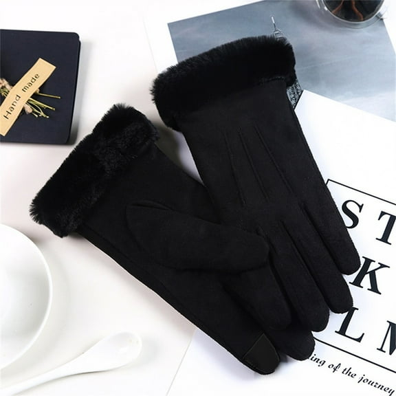 Women's Windproof Winter Gloves, Thermal Plush Lined Leather Gloves with Fuzzy Cuff, Touchscreen Smartphone Gloves, Cold Weather Commute Gloves for Autumn and Winter Black