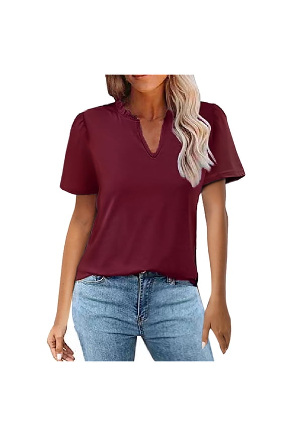 Women's Wine Color V -Neck Short -Sleeved T -Shirt Solid Color Blouse Loose Casual Summer Fashion Tops