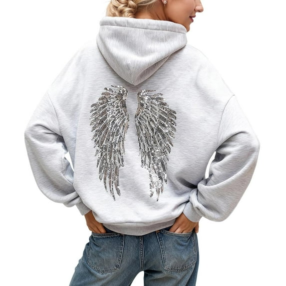 Women's Wings Sequin Hoodie Glitter Back Design Pullover Tops Soft Cotton Blend Long Sleeve Sweatshirt with Pockets