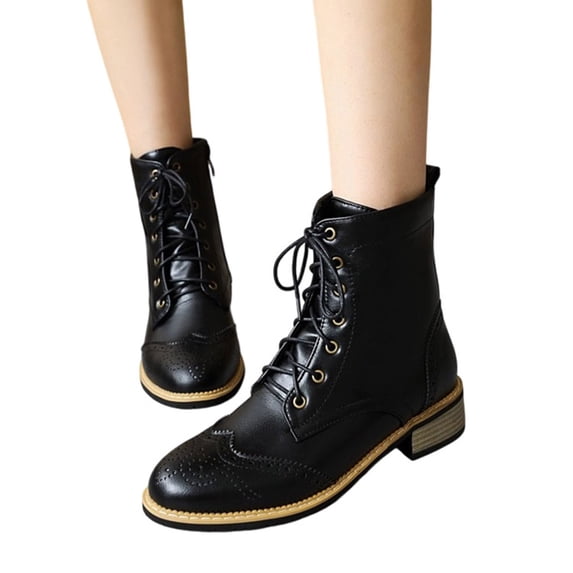 Women's Wingtip Oxford Boot Low Heel Combat Boots Side Zip Motorcycle Ankle Boots Dressy Lace up Short Booties