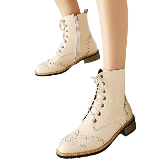 Women's Wingtip Oxford Boot Low Heel Combat Boots Side Zip Motorcycle Ankle Boots Dressy Lace up Short Booties