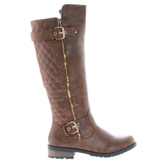 Women's Winkle Back Shaft Side Quilted Zipper Knee High Flat Riding boots shoes (Mngo-21-Brown- 7.5)