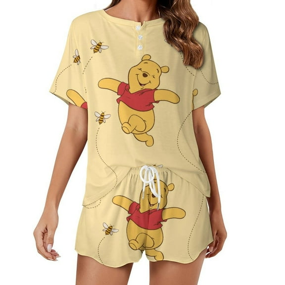 Women's Winnie The Poo Pajamas Set 2 Piece Short Sleeve Shirt and Shorts Loungewear Sleepwear