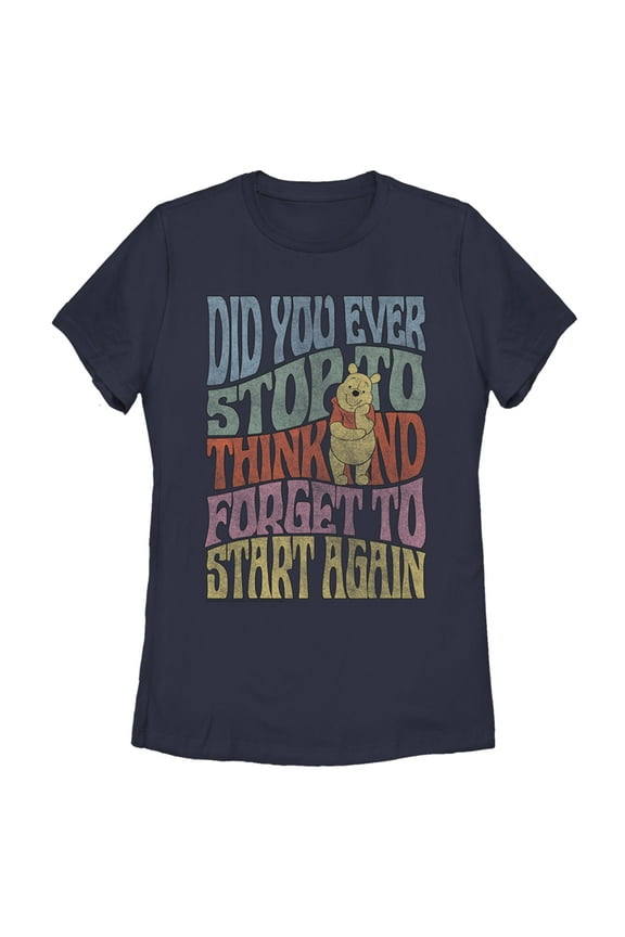 Women's Winnie the Pooh Distressed Did You Ever Stop to Think Quote Graphic Tee Navy Blue Medium