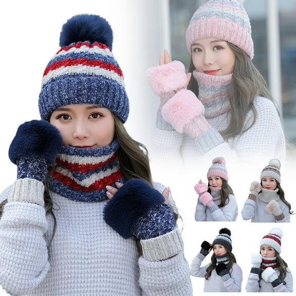 Women's Winter 3 Piece Cable Knit Beanie Hat Gloves & Scarf Set