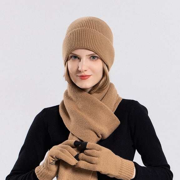 Women's Winter 3-Piece Set: Beanie Scarf Touch Screen Gloves, Knit Fleece Lined