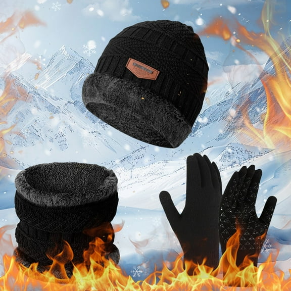 Women's Winter 3-Piece Set, Fleece Lined Neck Warmer Hat and Non-Slip Gloves, Thermal Cold Weather Accessories, Skiing Outdoor Set Black