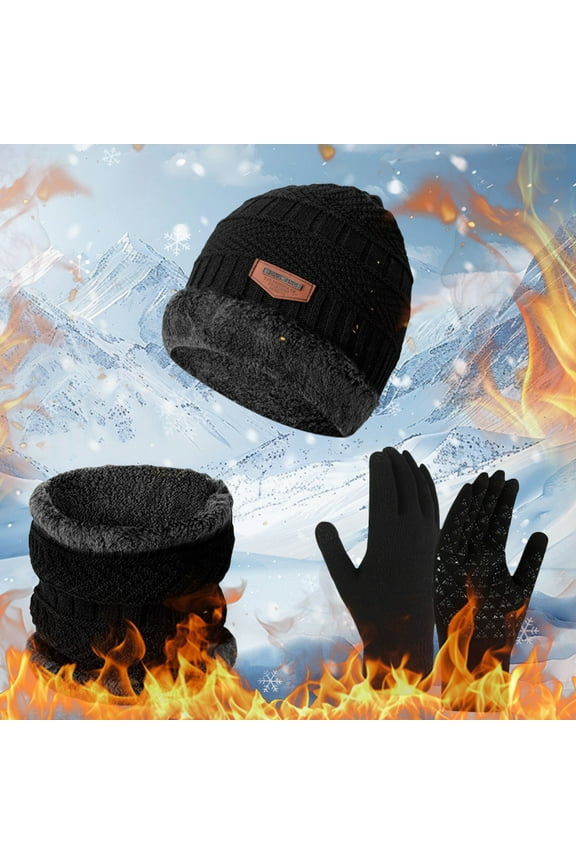 Women's Winter 3-Piece Set, Fleece Lined Neck Warmer Hat and Non-Slip Gloves, Thermal Cold Weather Accessories, Skiing Outdoor Set Black