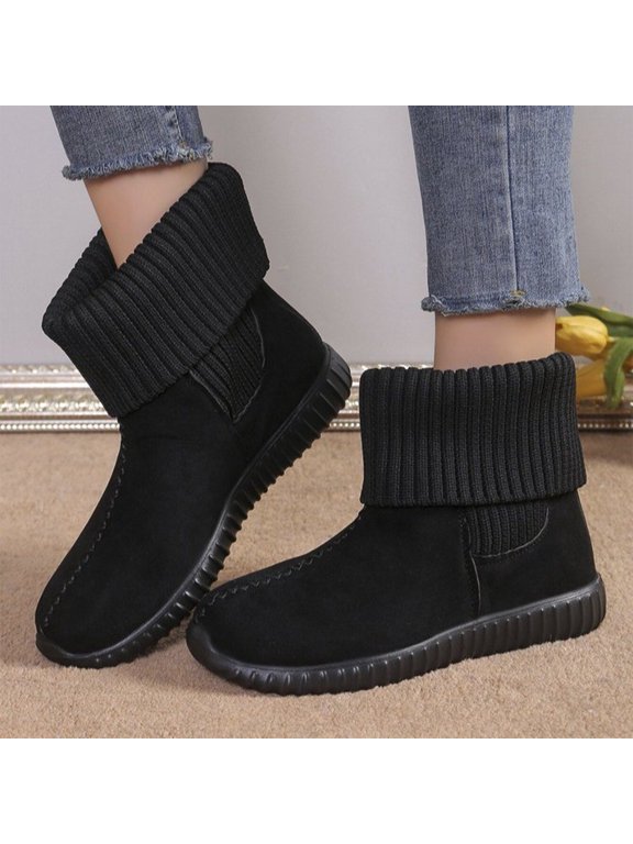 Women's Winter Ankle Boots, Knit Cuff Fleece Lined Booties, Warm Flat Snow Shoes, Comfortable Cold Weather Boots