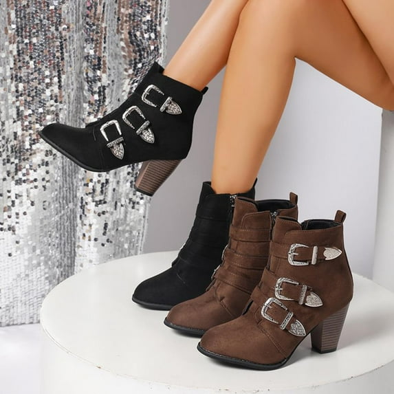 Women's Winter Ankle Boots Solid Color Buckle Decor Round Toe Side Zipper Block Heel Casual Short Boots for Outdoor Indoor Fashion