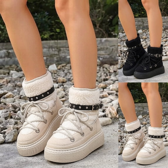 Women’s Winter Ankle Boots Thick faux furry Lined Lace Up Design Non Slip Platform Round Toe Warm Snow Booties