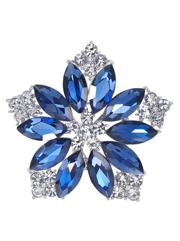 Flower Blue, Austrian Crystal Floral Brooch Pin, Silvertone, (Includes Gift Box), 1 Count
