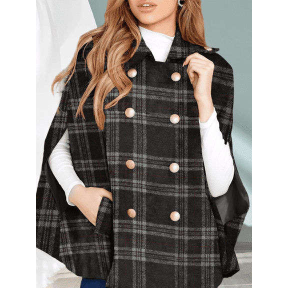 Women's Winter Autumn Coat Plaid Cape Double Breasted Poncho Jacket with Pockets Open Front Tunic Style Outerwear