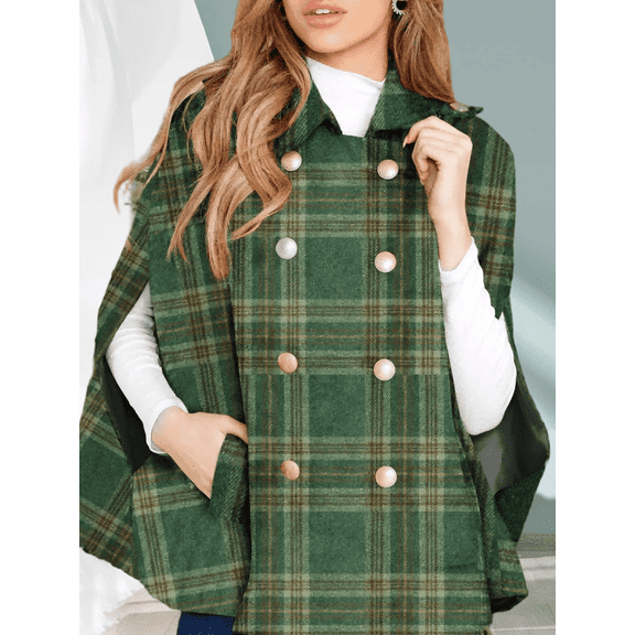 Women's Winter Autumn Coat Plaid Cape Double Breasted Poncho Jacket with Pockets Open Front Tunic Style Outerwear