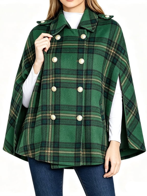 Fall Winter Women Plaid Cape Coat Double Breasted Lapel Poncho Cloak Jacket