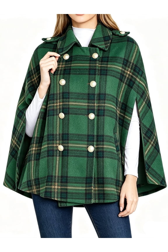 Fall Winter Women Plaid Cape Coat Double Breasted Lapel Poncho Cloak Jacket