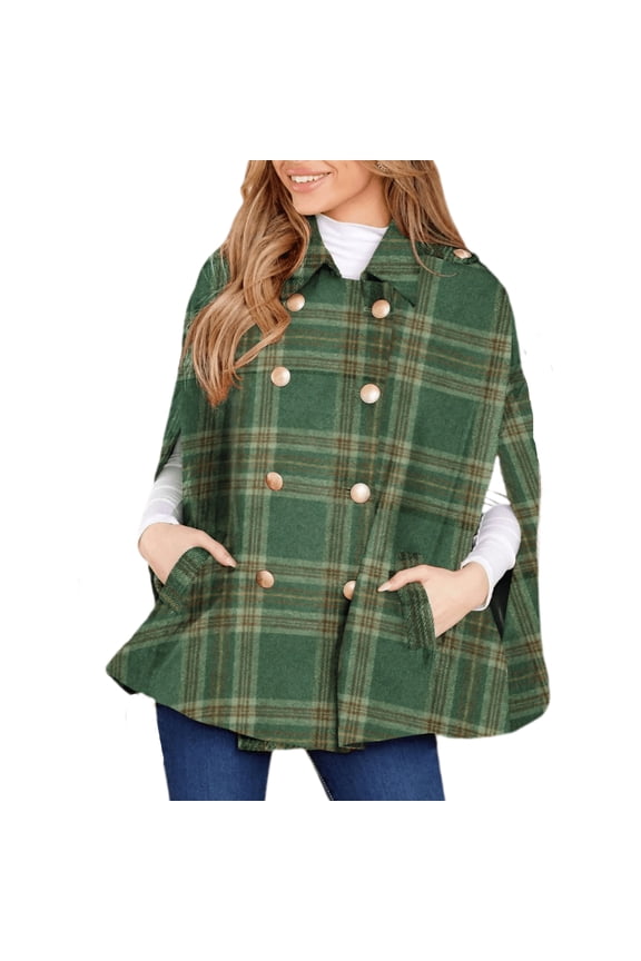 Women's Winter Autumn Coat Plaid Cape Double Breasted Poncho Jacket with Pockets Open Front Tunic Style Outerwear