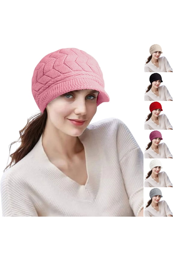 Women's Winter Beanie Hat Knitted Wool with Visor Warm Sports Style
