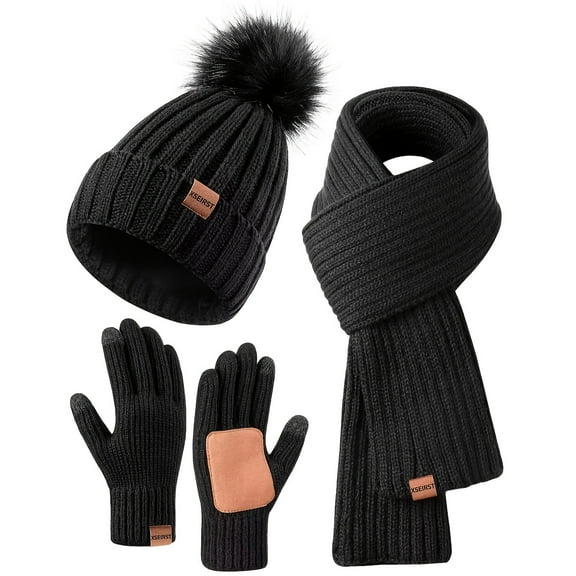 Women's Winter Beanie Scarf & Touchscreen Gloves Set, Warm 3-in-1 Set for Skiing & Snowboarding