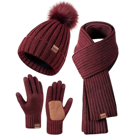 Women's Winter Beanie Scarf & Touchscreen Gloves Set, Warm 3-in-1 Set for Skiing & Snowboarding