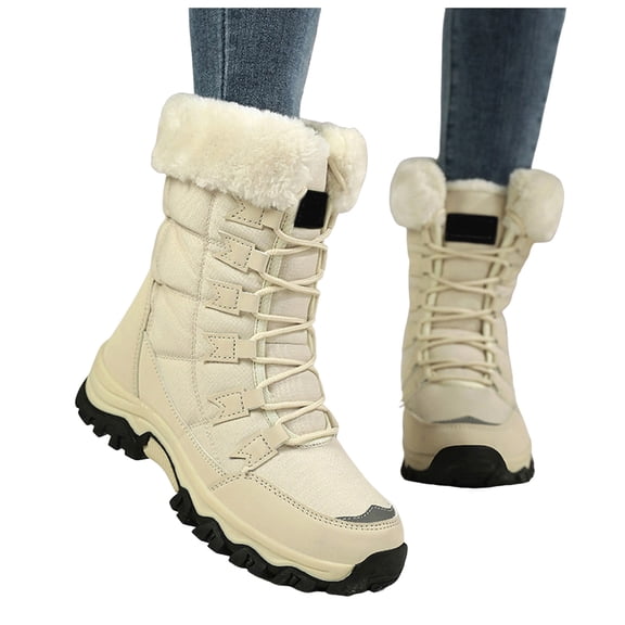Women's Winter Beige Snow Boots Waterproof Lightweight Warm Faux Furry Lined Mid Calf Booties Comfortable Non Slip Hiking Work Shoes Size 6.5