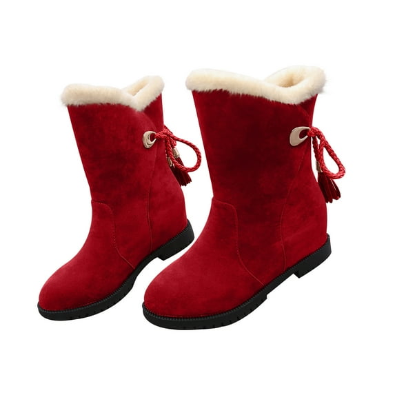 Women's Winter Boots Fuzzy Fleece Lined Suede Ankle Boots Warm Comfortable Shoes Tassel Decor Flat Heel Snow Boots Red 40