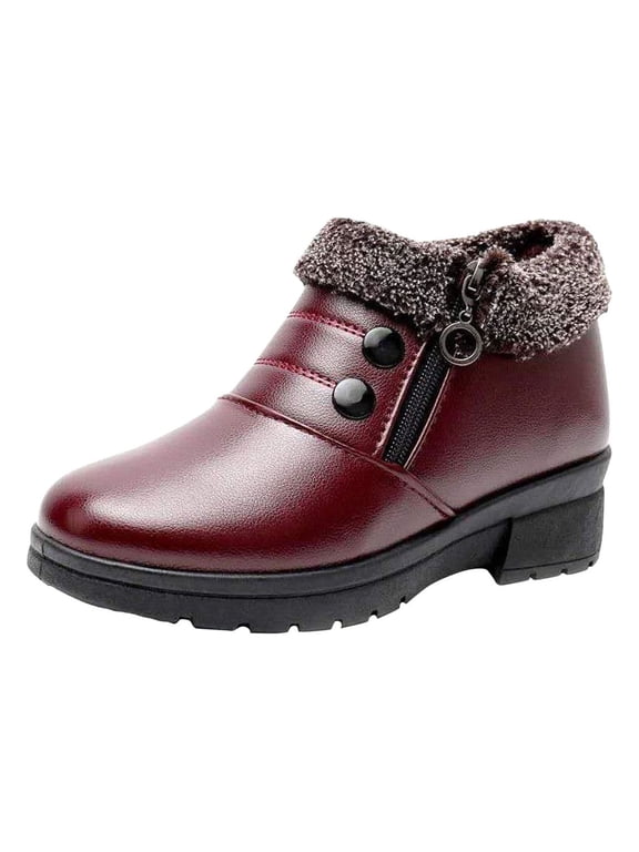 Women's Winter Boots Fuzzy Fleece Lined Warm Snow Boots Waterproof Ankle Booties Zipper Buckle Shoes Non-Slip Comfortable Boots Wine 36