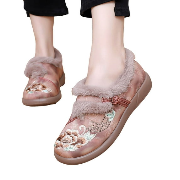 Women's Winter Boots Plush Warm Embroidery Flower Chinese Style Orthopedic Cotton Flat Ankle Boots