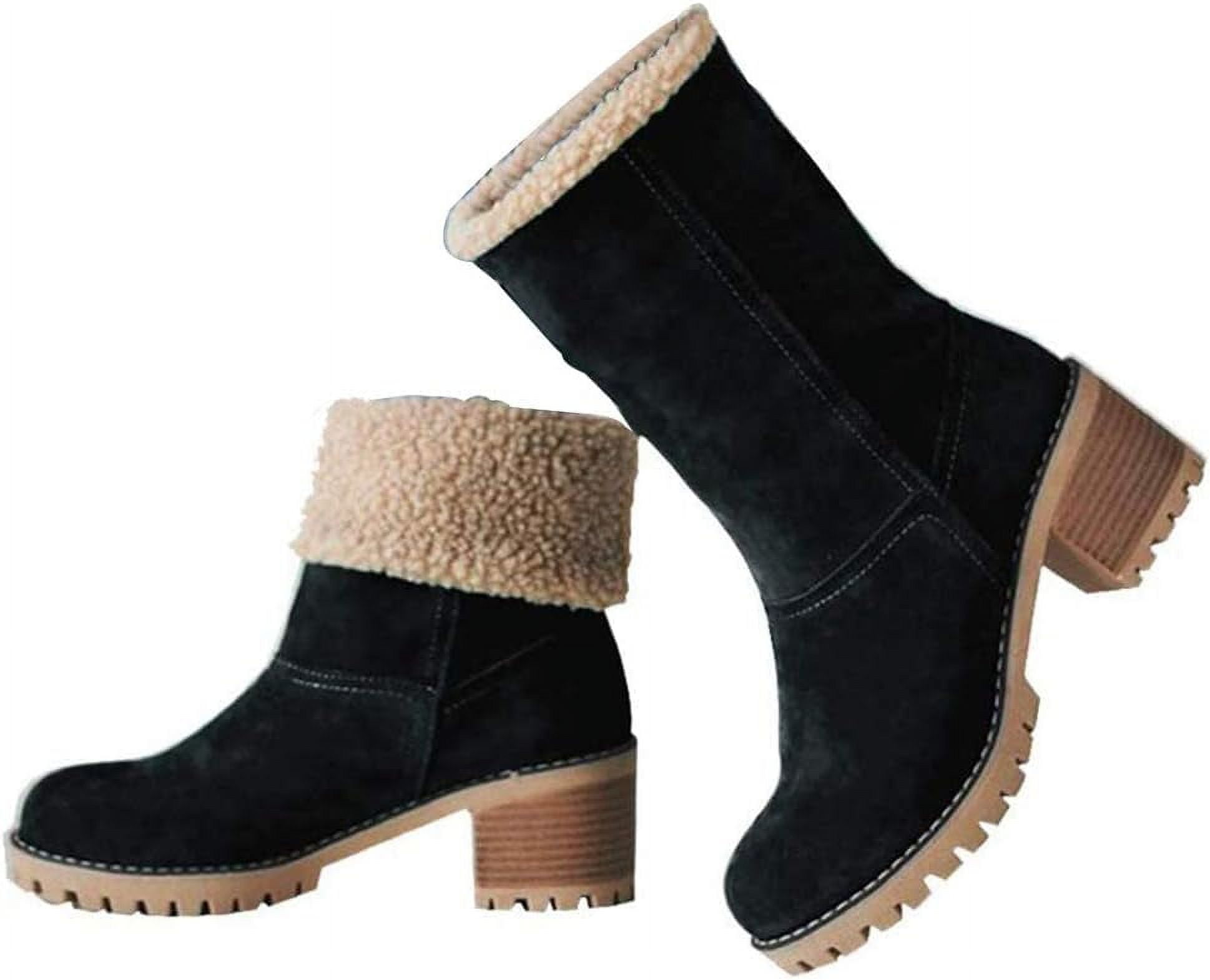 Women Foldable Faux Suede Cuff Winter Ankle Booties, Chunky Block Heel Warm Anti-Slip Casual Outdoor Boots