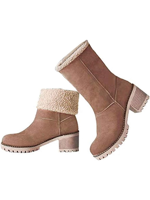Women Foldable Faux Suede Cuff Winter Ankle Booties, Chunky Block Heel Warm Anti-Slip Casual Outdoor Boots