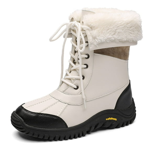 Women's Winter Boots Waterproof Warm Faux Fur Lined Ladies Snow Boots Fashion Mid Carf Leather Duck Boots Lace Up Insulated